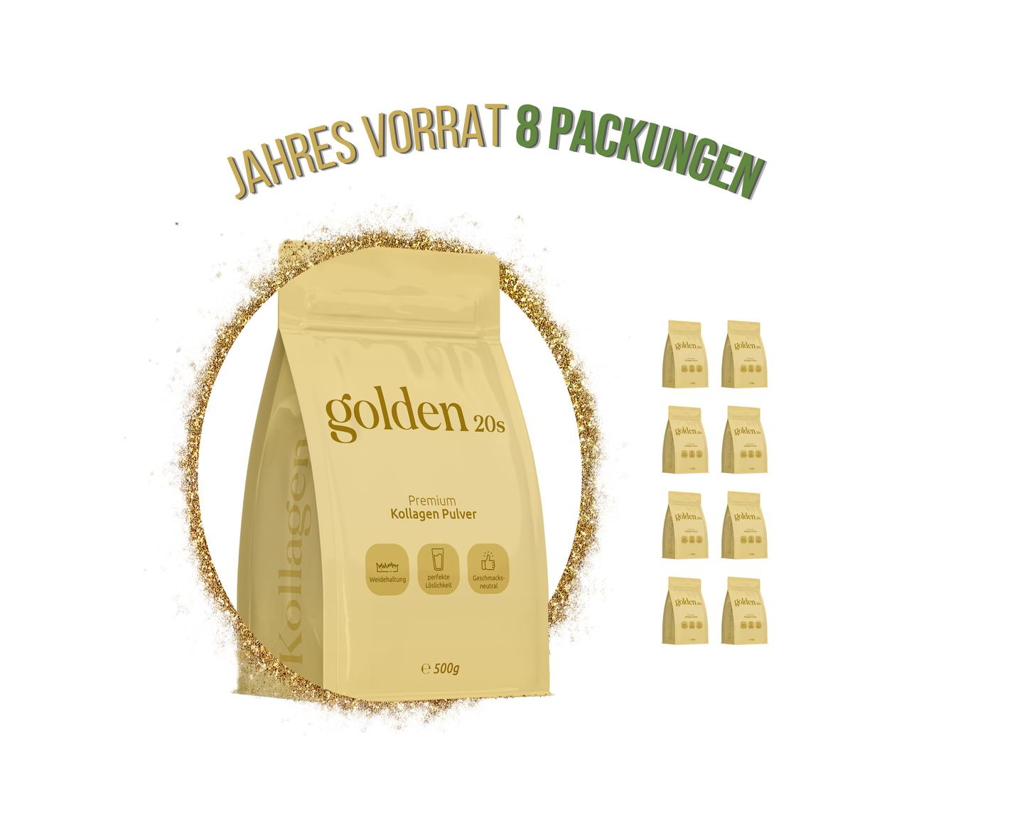 Kollagen Pulver Jahresvorrat 8 x 500g – Kollagen Hydrolysat Typ I, II & III aus Weidehaltung – Golden20®