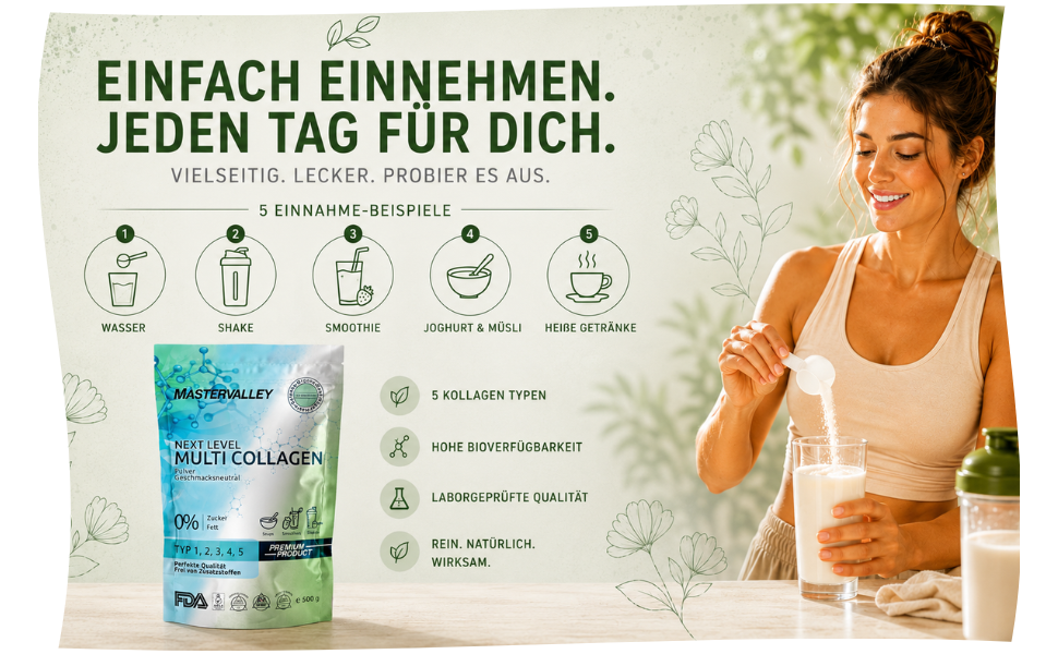 Kollagen Pulver 500g – Multi Collagen Typ 1 2 3 5 & 10 Hydrolysat – Geschmacksneutral – Mastervalley®