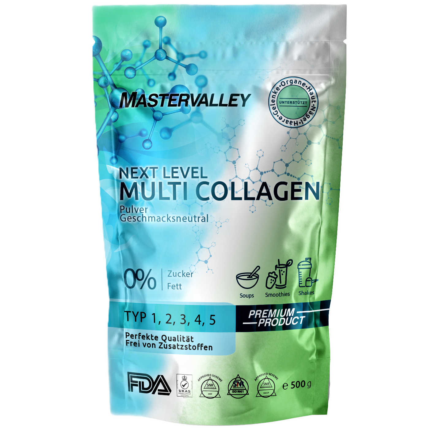 Kollagen Pulver 500g – Multi Collagen Typ 1 2 3 5 & 10 Hydrolysat – Geschmacksneutral – Mastervalley®