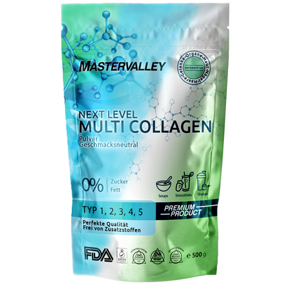 Kollagen Pulver 500g – Multi Collagen Typ 1 2 3 5 & 10 Hydrolysat – Geschmacksneutral – Mastervalley®
